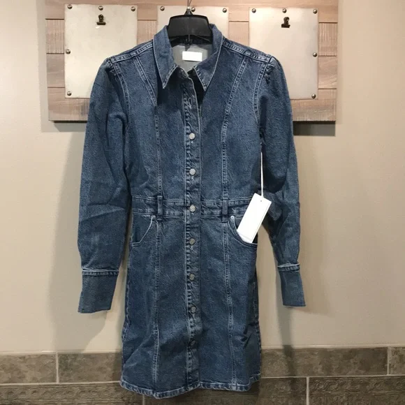 Boyish Emmett Puff Shoulder Denim Dress in Mirror Blue Size XL NWT - Picture 10 of 14